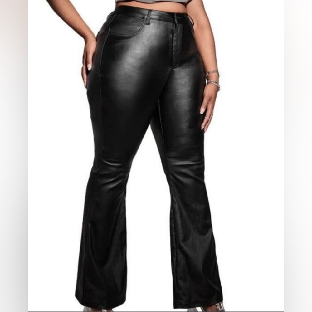 Shein Curve Black Vegan Faux Leather Flare Leg Pants 1XL